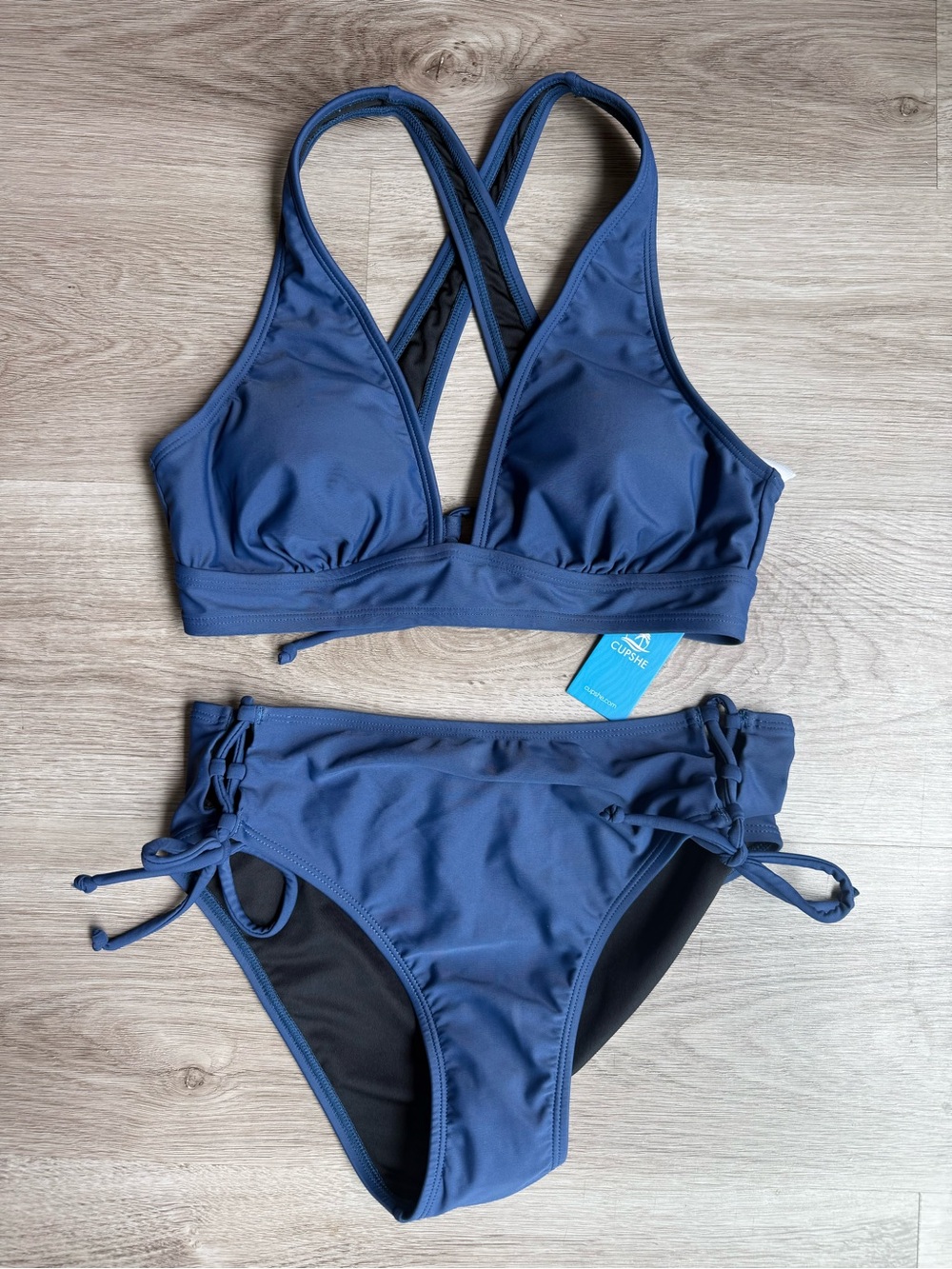 Cupshe Navy Blue Cross-Back Bikini with Side-Tie Bottoms